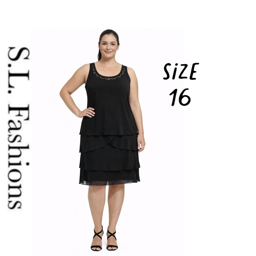 SLNY black Sequin neckline Chiffon polyester Sleeveles Dress sz 16